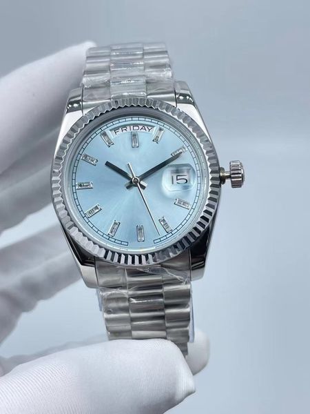 

36mm blue dial daydate womens watches automatic mechanical 2813 movement long diamond iced out stainless steel strap women's wristwatch, Slivery;brown