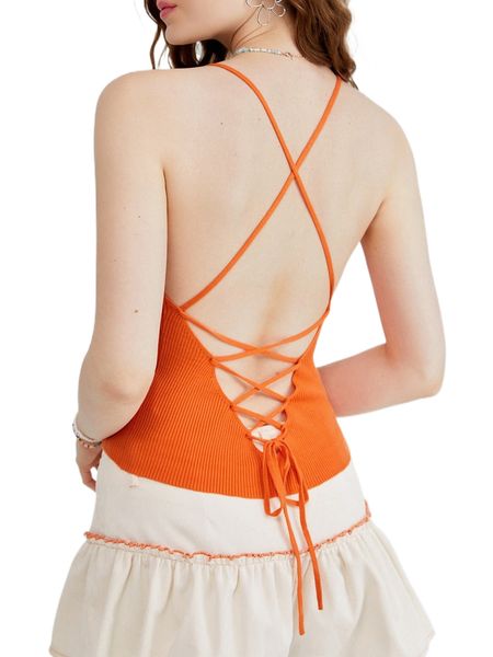 

neon orange lace up back cami knit x2bt#, White;black