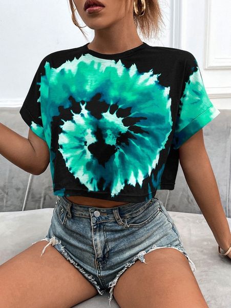 

tie dye batwing sleeve crop tee o2tu#, White