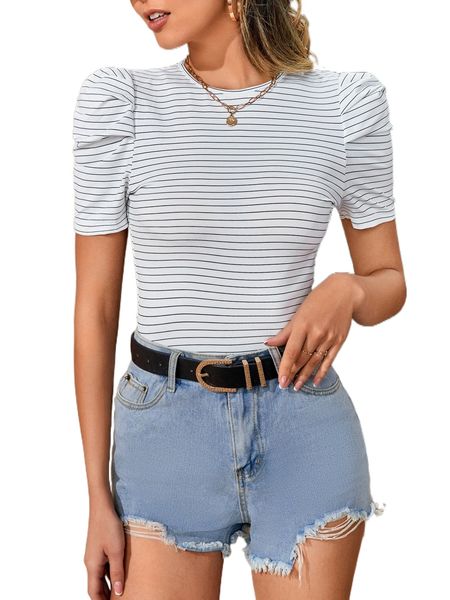

striped puff sleeve tee c7qz#, White