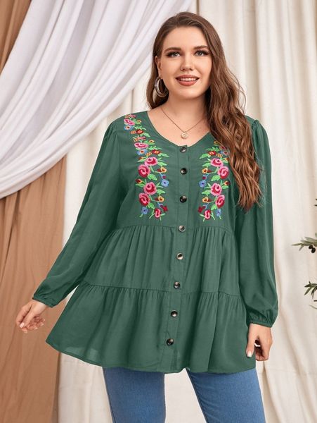 

plus floral embroidery button front peplum blouse w2ta#, Black