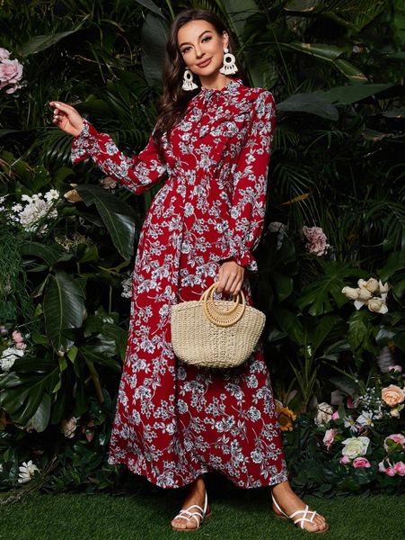 

floral print flounce sleeve tie neck dress b0xn#, Black;gray