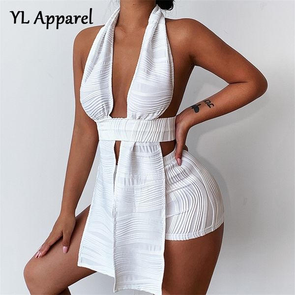 

fashion solid white deep vneck halter bandage 2 pieces sets summer sleeveless backless chic suits outfits with shorts 220707, Gray
