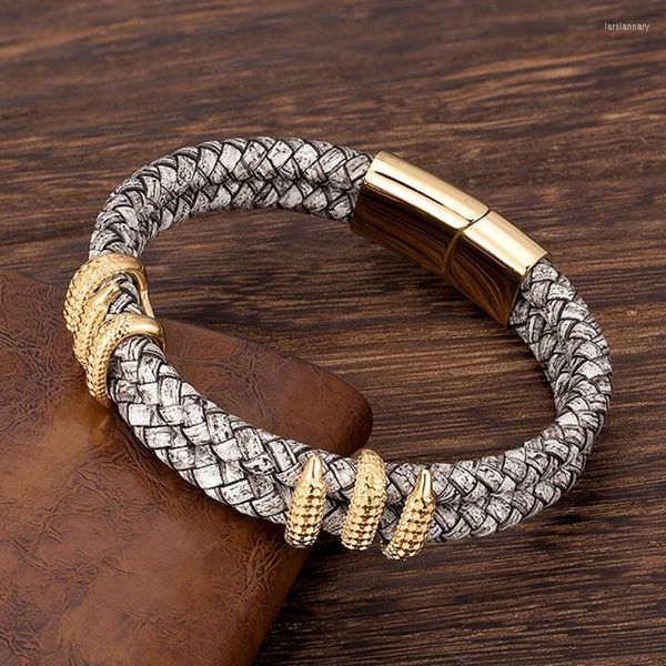 Bracelets de charme homens góticos góticos cinza cinzento Bracelete de couro genuíno dragão de ouro garra homme femme made jóia