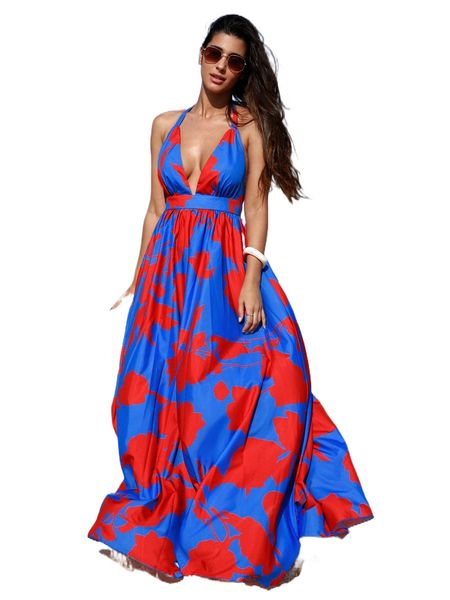 

floral print shirred waist tie backless halter dress e87m#, Black;gray