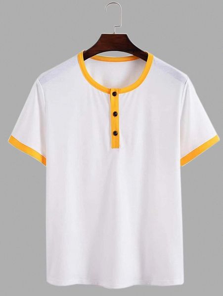

men contrast trim half button tee n9i1#, White;black