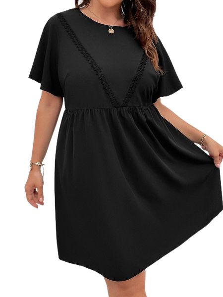 

plus guipure lace detail flutter sleeve dress z28i#, Black