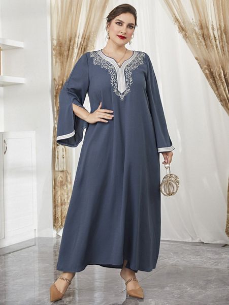 

plus split sleeve floral embroidery notched neck tunic dress f9jr#, Black