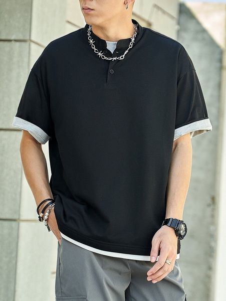 

men 1pc drop shoulder quarter button tee c52z#, White;black