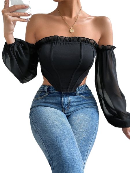 

off shoulder frill trim asymmetrical hem crop b9oc#, White