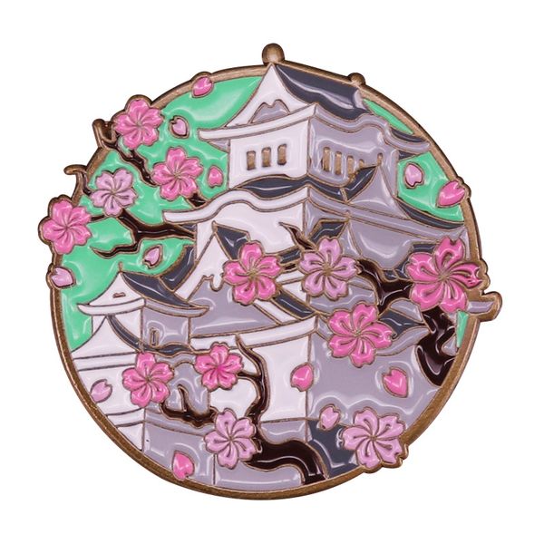 

japan mount fuji cherry blossom houses brooch japanese fashion art badge, Blue