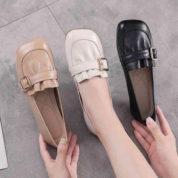 

dress shoes soft cowhide leather shoes women's soft autumn pregnant flat bottom large with square head and one pedal i40i, Black
