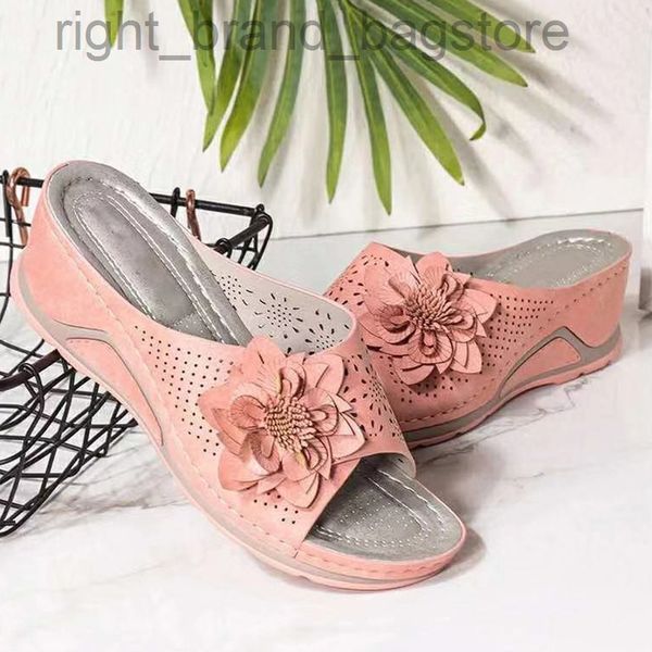 

lucyever flower platform wedges heels slippers women hollow out thick sole sandals woman summer 2022 plus size casual shoes 43 w220808, Black