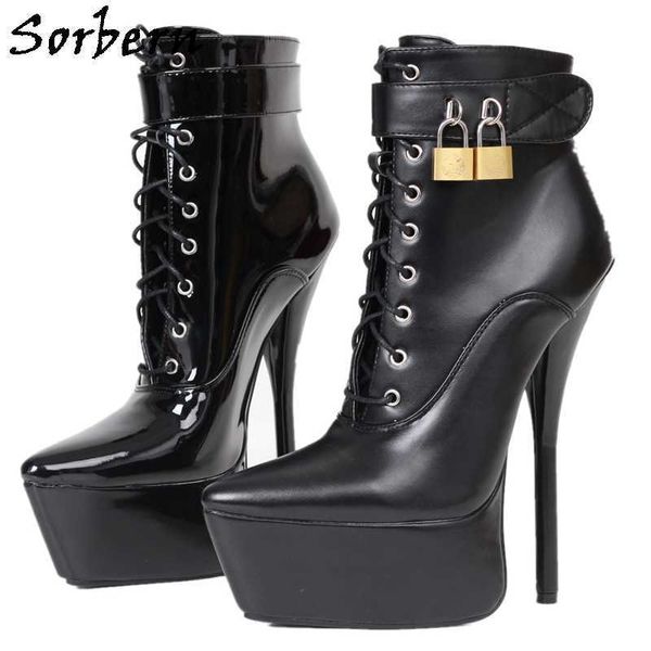 Sorbern Sexy Bainkle Boots Женские Блокируемые ремни Высокий каблук 18 см Заостренные пальцы на пальцем Платформа Фетиш Крестовый комод Обувь Большой размер 15