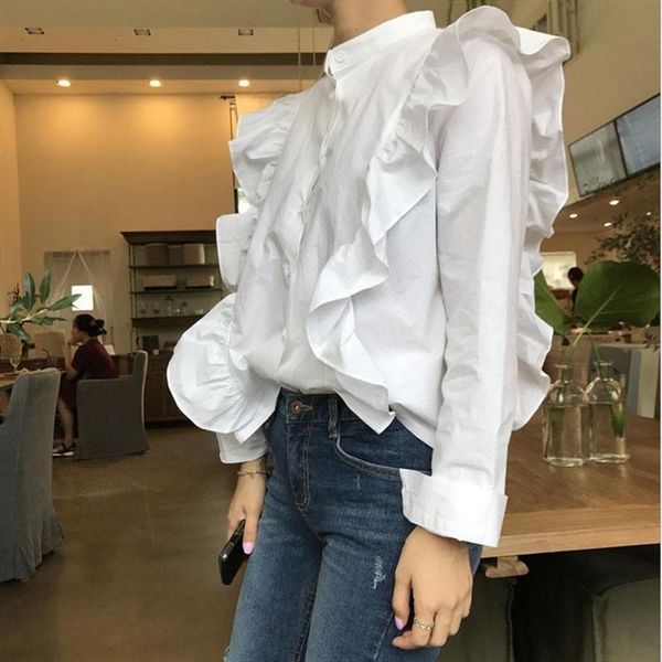 

women's blouses & shirts solid stand collar vintage fall women elegant flounced edge pachwork single breasted designed autumn 2022, White