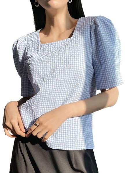 

dazy gingham square neck blouse k7qc#, White