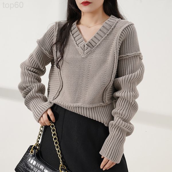 

women's sweaters designer []knitted korean loose pullover v-neck sweater women's autumn and winter coarse wool hong kong style thi, White;black