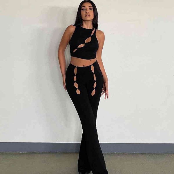 

women's new hollow round neck splicing drill vest pants set elegant dress for women, White