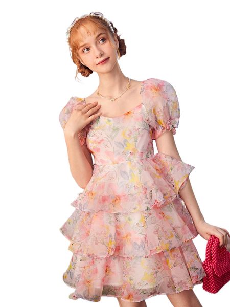 

teen girls floral puff sleeve layered hem organza dress s4p9#, Black;white