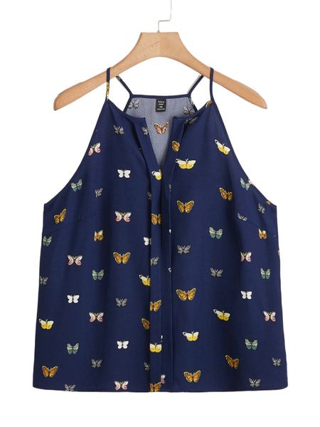 

plus butterfly print notched neckline cami r6nm#, Black