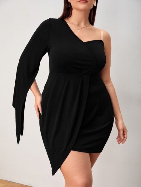 

plus one shoulder split sleeve wrap hem fitted dress k9sd#, Black