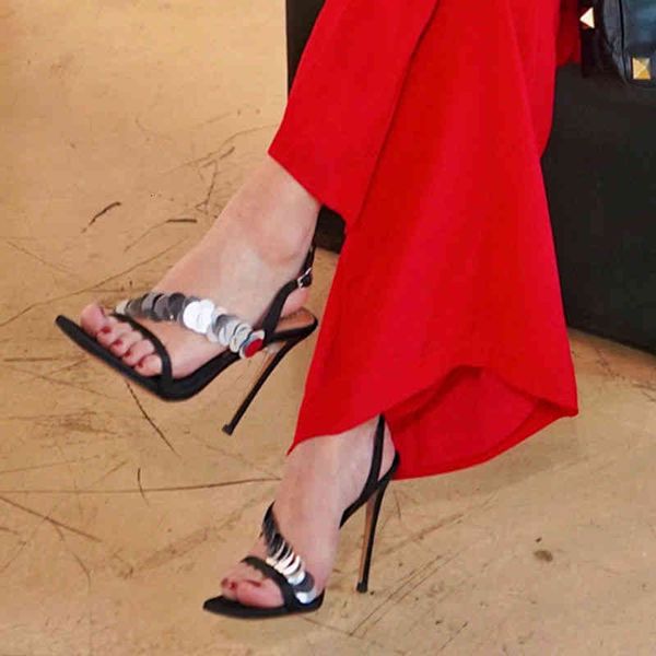 

dress shoes star same one line buckle open toe sandals summer fairy style silver sequin stiletto heels h0q4, Black