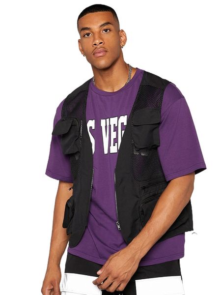 

men flap pocket contrast fishnet vest jacket h4zp#, Black;brown