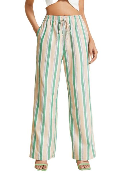 

knot front striped print wide leg pants r5uk#, Black;white