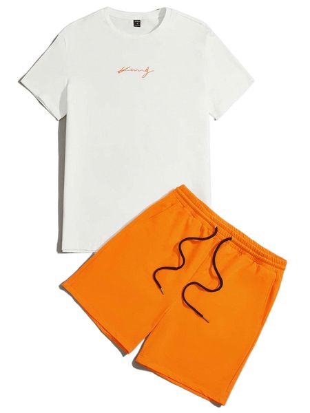 

men letter graphic tee & shorts set z5ur#, Gray