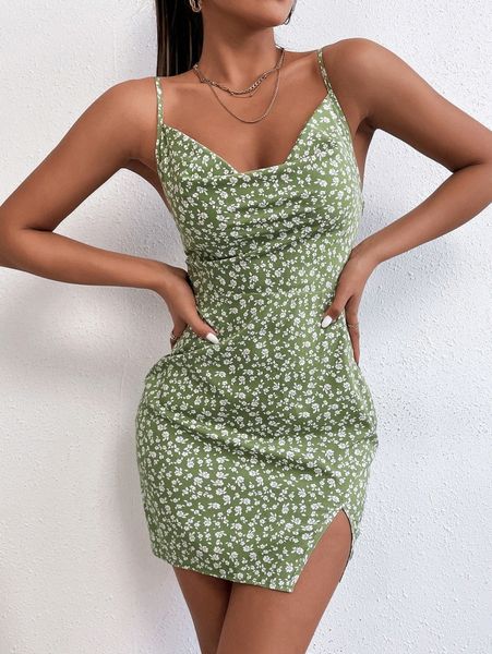 

petite ditsy floral print draped collar split hem cami dress 68wl#, Black;gray