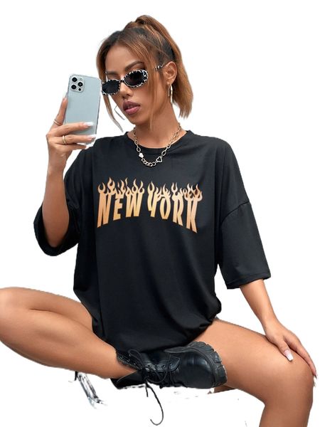 

letter and fire print drop shoulder oversized tee h0mo#, White