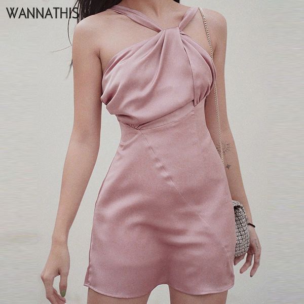 

wannathis satin halter dress women sleeveless ruched summer bodycon fashion casual elegant party clubwear high waist dress 220607, Black;gray