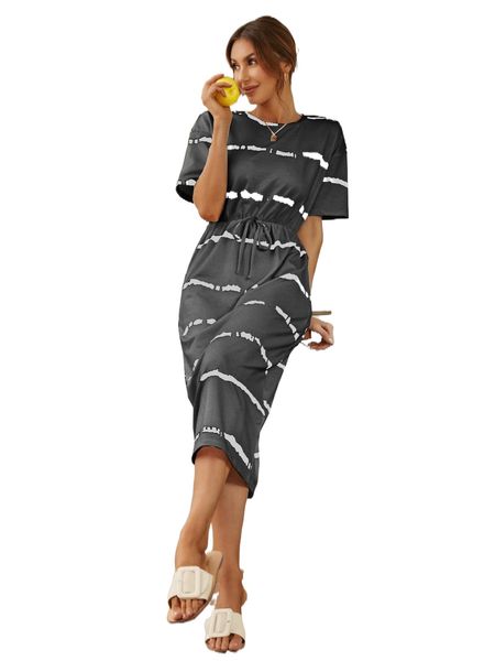 

striped drop shoulder knot front dress j6uu#, Black;gray