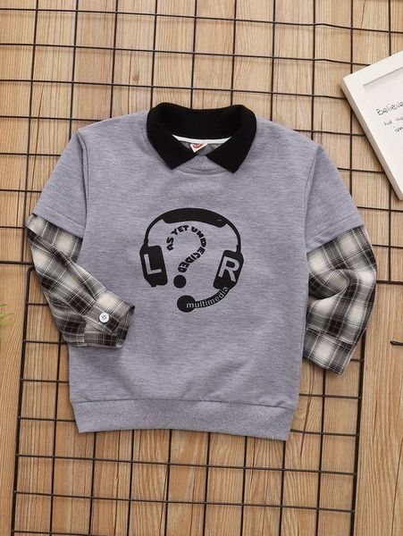 

toddler boys plaid & headphone print 2 in 1 pullover she, Black