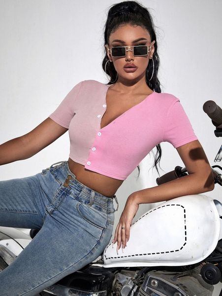 

sxy colorblock button front crop tee f7fg#, White