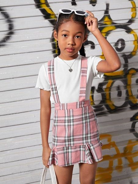 

girls lettuce trim tee & plaid ruffle hem pinafore skirt she, White