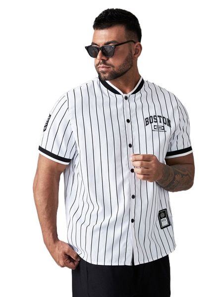 

extended sizes men letter & striped graphic bomber neck patch detail shirt m1qd#, White;black