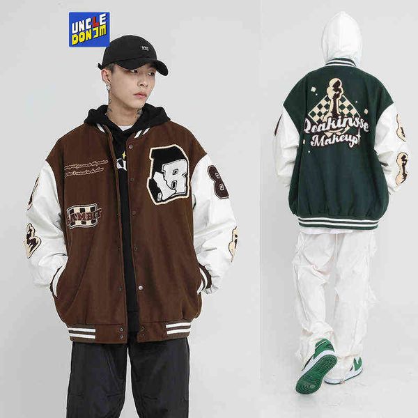 

uncledonjm hip hop vintage patchwork pu leather jacket coat men and women fashion baseball jacket outwear varsity jacket t220728, Black;brown