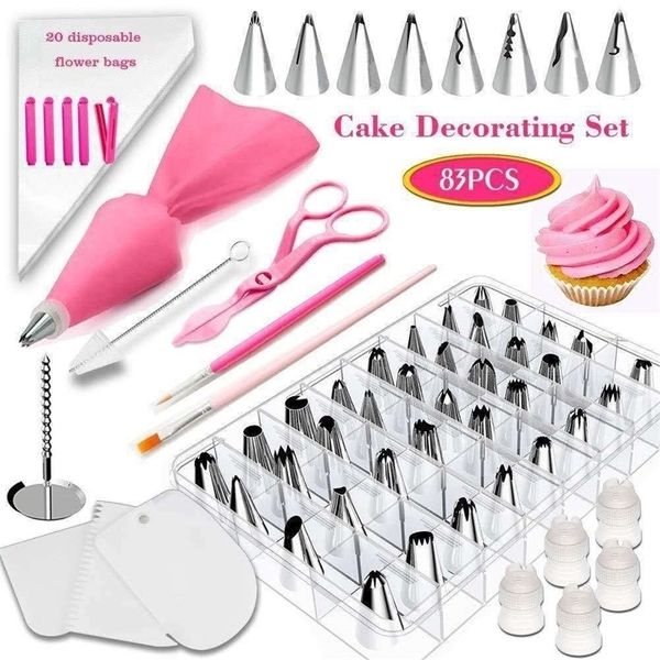 83pcs Bolo Decorating Tools Kit Dicas de gelo de confeiteiro Sacos de confeitores assar creme para cupcakes Cookies Y200618