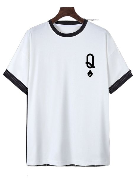 

men playing card print contrast trim tee 97ge#, White;black