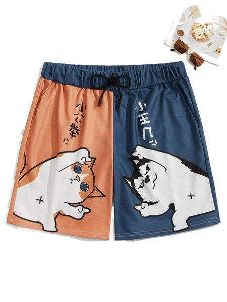 

men chinese letter & cartoon graphic drawstring waist shorts a8qq#, White;black