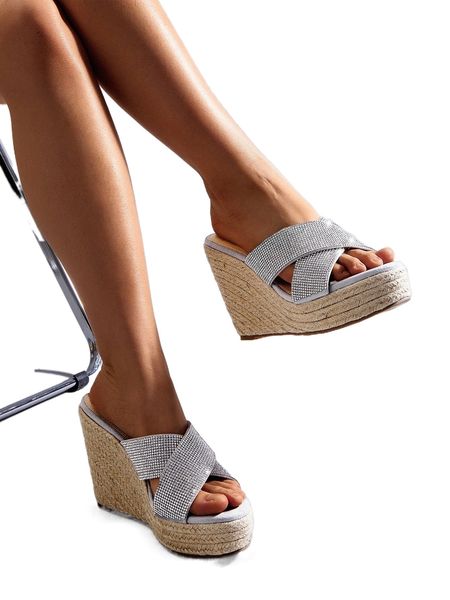 

velvet rhinestone decor espadrille wedge slide sandals h1vd#, Black;white