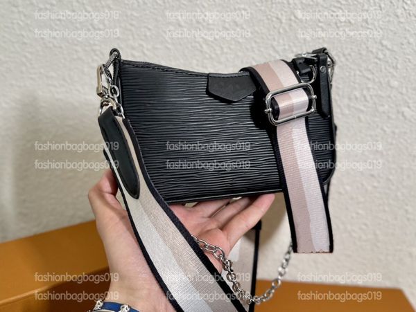 

easy pouch on strap cross body bag black epi embossed leather wallet purses designer bags wide textile strap women mini chain hangbags m8048
