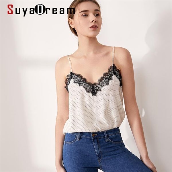 Suyadream Mulheres Seda Branco Camisole 100% Real e Lace Camis Primavera Verão Preto Chique Top 220316