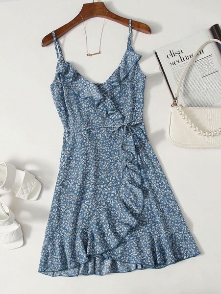 

ruffle trim wrap tie side ditsy floral slip dress f5vl#, Black;gray