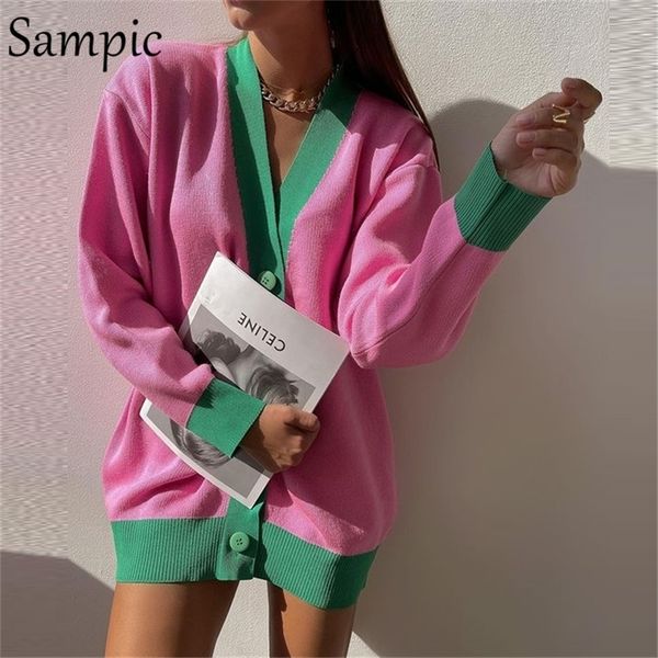 

sampic loose patchwork knitwear winter women cardigans oversized long sleeve y2k v neck sweater casual fashion 220813, White