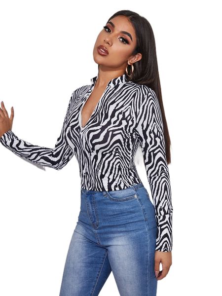 

zebra striped zipper placket tee d6dr#, White