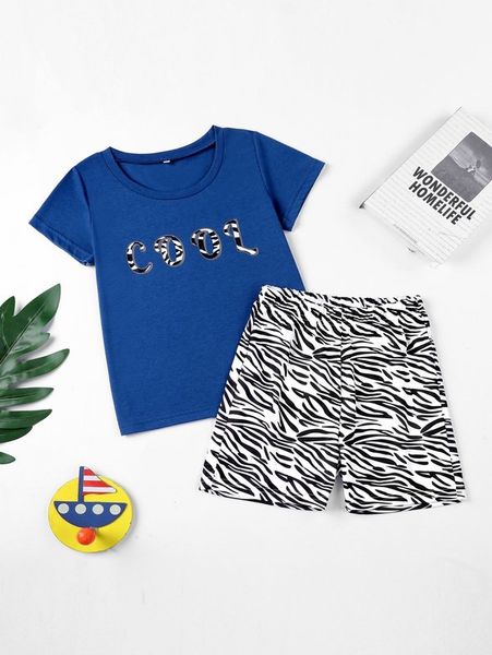 

girls letter graphic tee & zebra striped shorts she, White