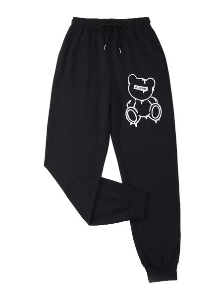 

bear print drawstring waist sweatpants o11c#, Black;white