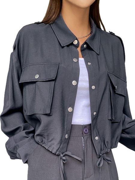 

dazy drop shoulder flap pocket drawstring jacket w79x#, Black;brown
